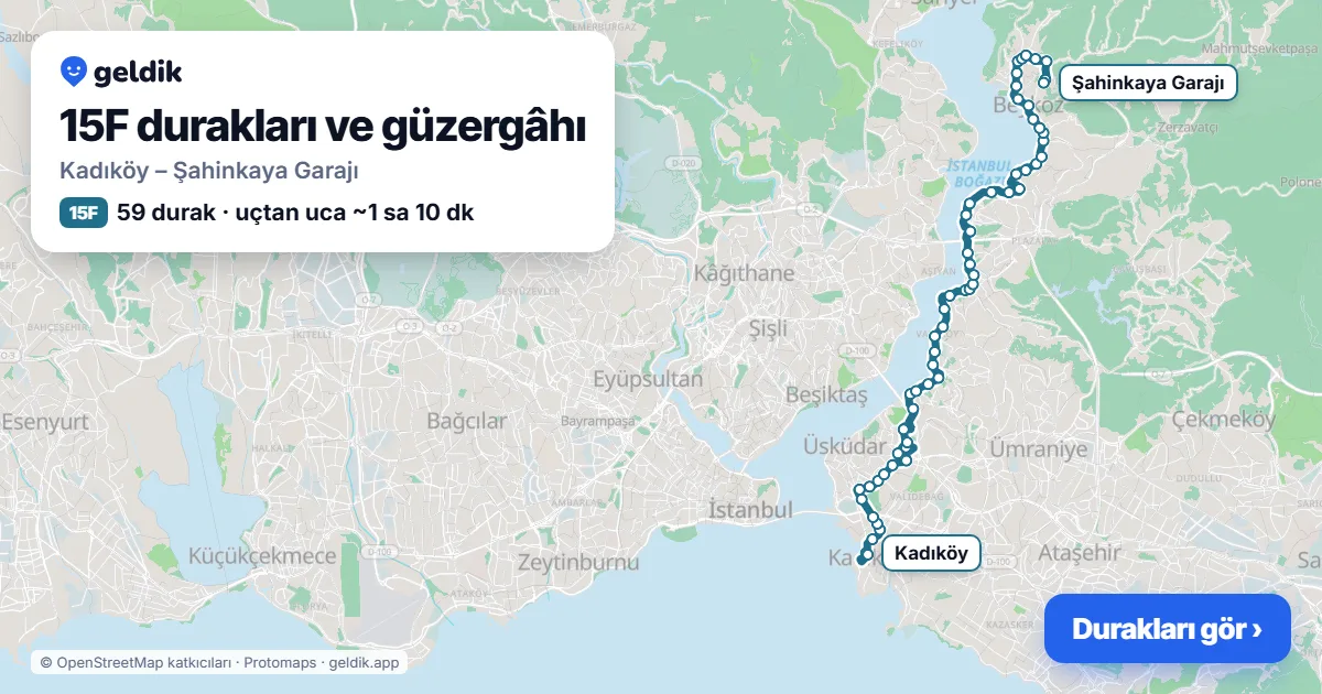 15F otobüs güzergâhı haritası: Kadıköy – Şahinkaya Garajı, 59 durak