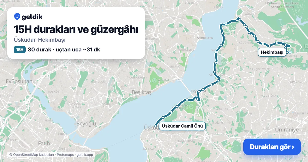 15H otobüs güzergâhı haritası: Üsküdar-Hekimbaşı, 30 durak