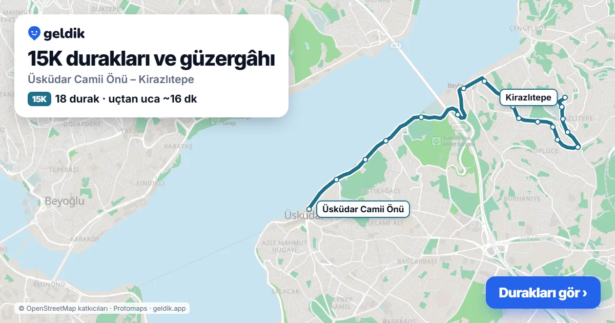 15K otobüs güzergâhı haritası: Üsküdar Camii Önü – Kirazlıtepe, 18 durak
