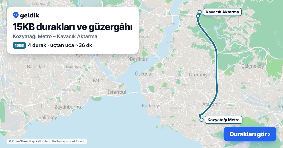 15KB otobüs güzergâhı haritası: Kozyatağı Metro – Kavacık Aktarma, 4 durak