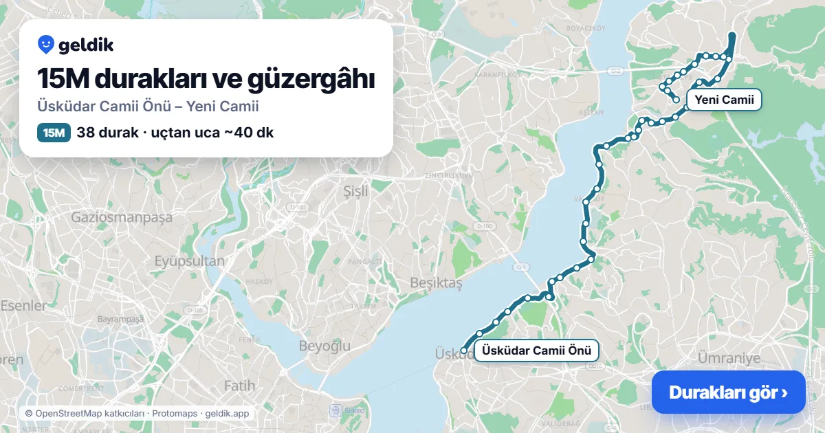 15M otobüs güzergâhı haritası: Üsküdar Camii Önü – Yeni Camii, 38 durak