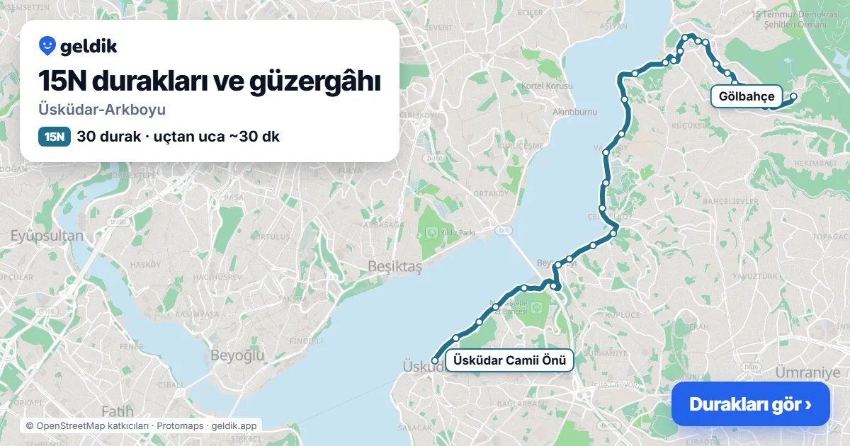 15N otobüs güzergâhı haritası: Üsküdar-Arkboyu, 30 durak