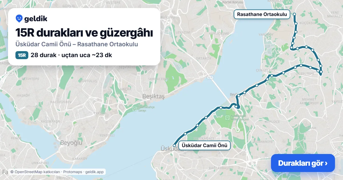 15R otobüs güzergâhı haritası: Üsküdar Camii Önü – Rasathane Ortaokulu, 28 durak
