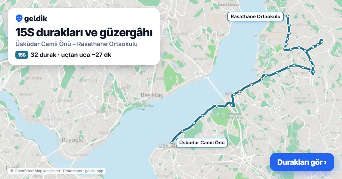 15S otobüs güzergâhı haritası: Üsküdar Camii Önü – Rasathane Ortaokulu, 32 durak