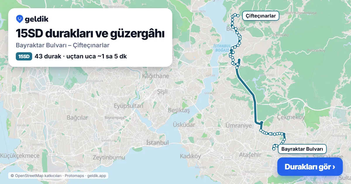15SD otobüs güzergâhı haritası: Bayraktar Bulvarı – Çifteçınarlar, 43 durak