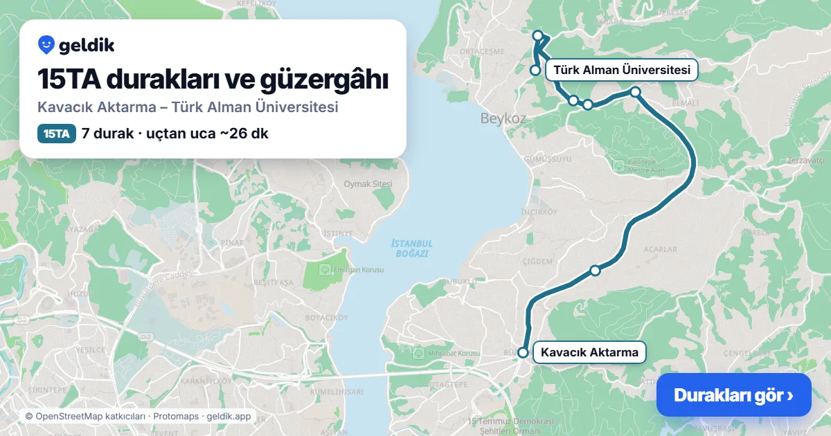15TA otobüs güzergâhı haritası: Kavacık Aktarma – Türk Alman Üniversitesi, 7 durak