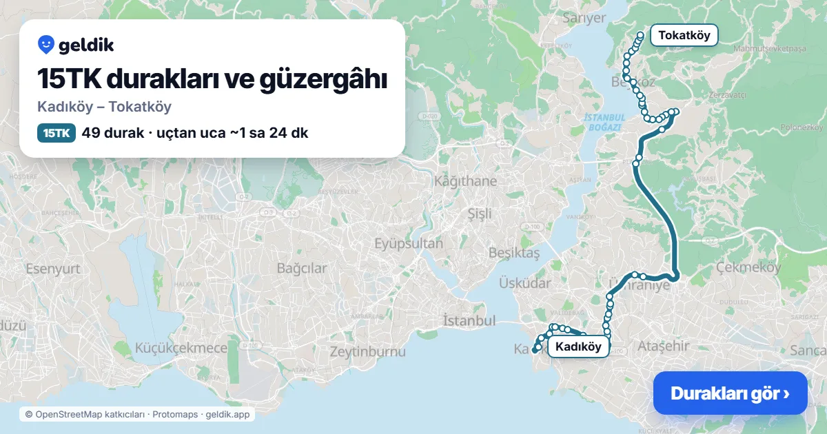 15TK otobüs güzergâhı haritası: Kadıköy – Tokatköy, 49 durak
