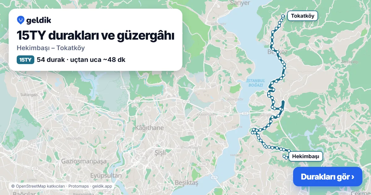15TY otobüs güzergâhı haritası: Hekimbaşı – Tokatköy, 54 durak