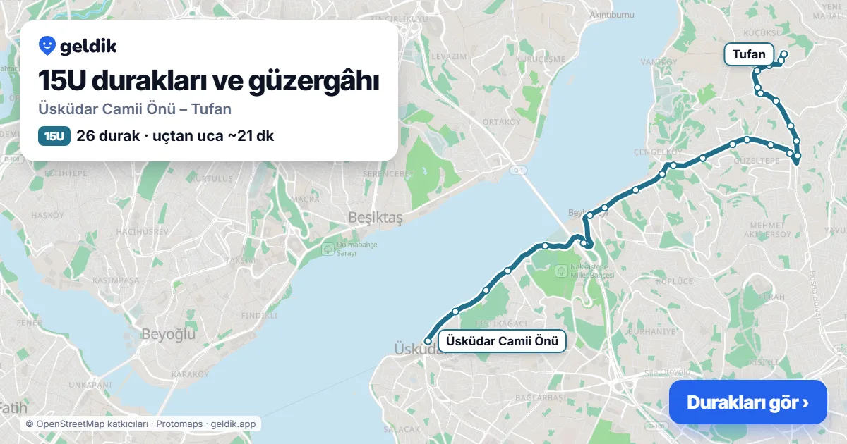 15U otobüs güzergâhı haritası: Üsküdar Camii Önü – Tufan, 26 durak