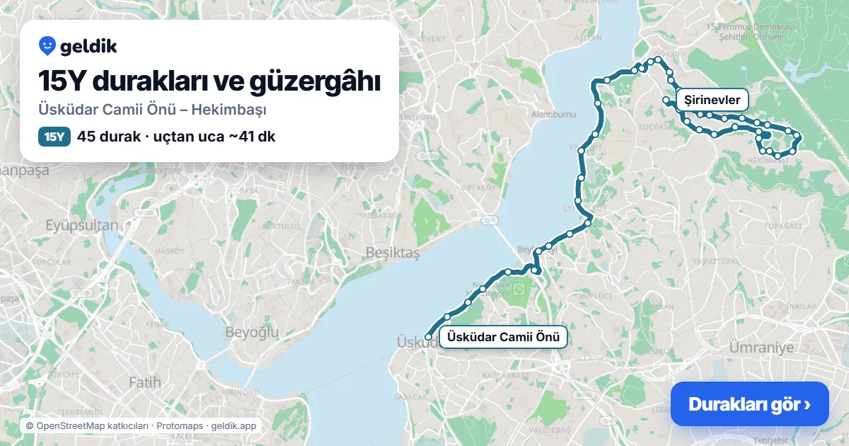 15Y otobüs güzergâhı haritası: Üsküdar Camii Önü – Hekimbaşı, 45 durak