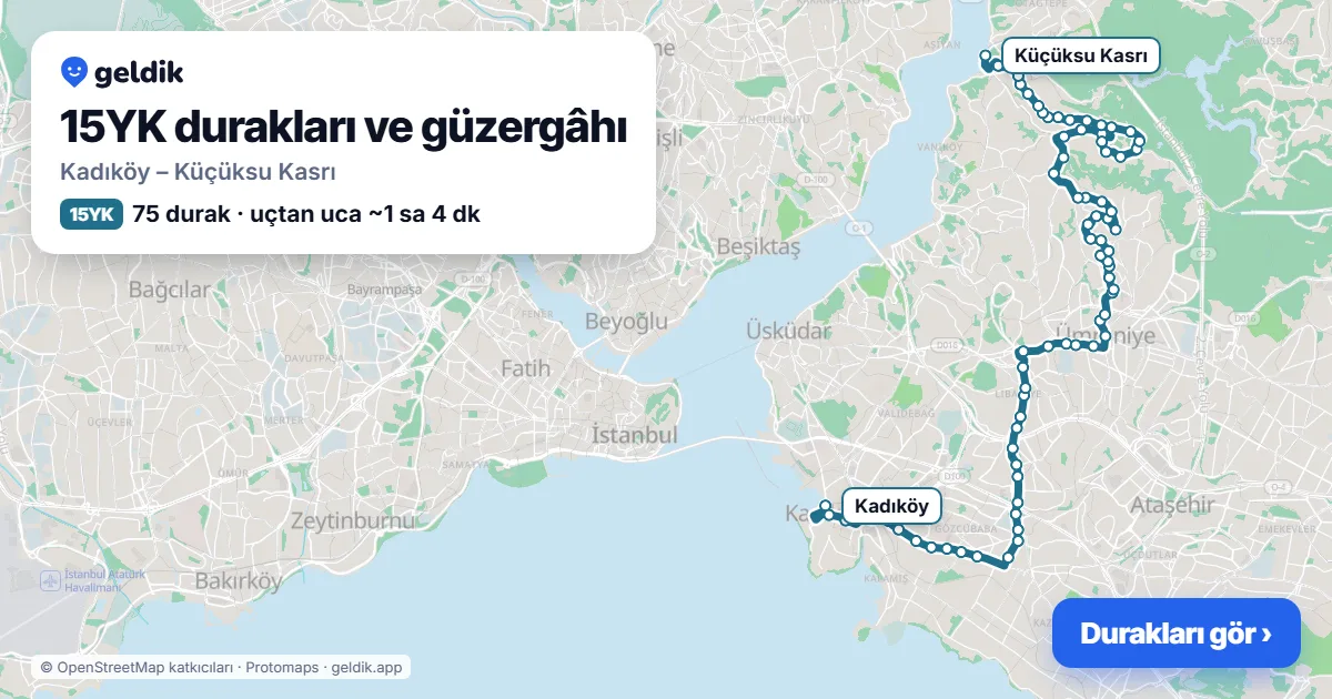15YK otobüs güzergâhı haritası: Kadıköy – Küçüksu Kasrı, 75 durak