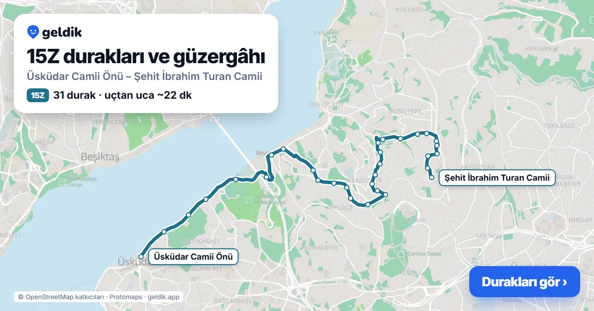 15Z otobüs güzergâhı haritası: Üsküdar Camii Önü – Şehit İbrahim Turan Camii, 31 durak