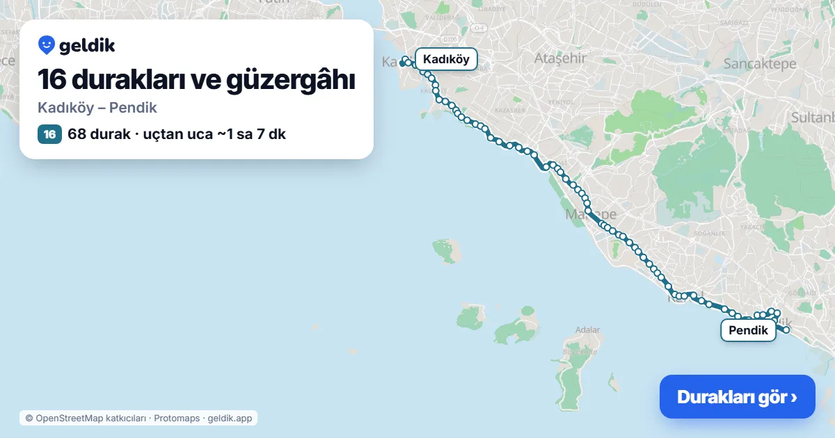 16 otobüs güzergâhı haritası: Kadıköy – Pendik, 68 durak