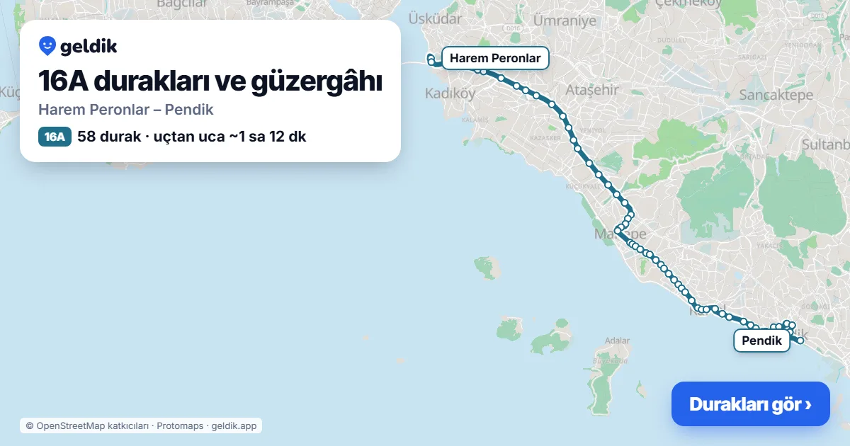 16A otobüs güzergâhı haritası: Harem Peronlar – Pendik, 58 durak