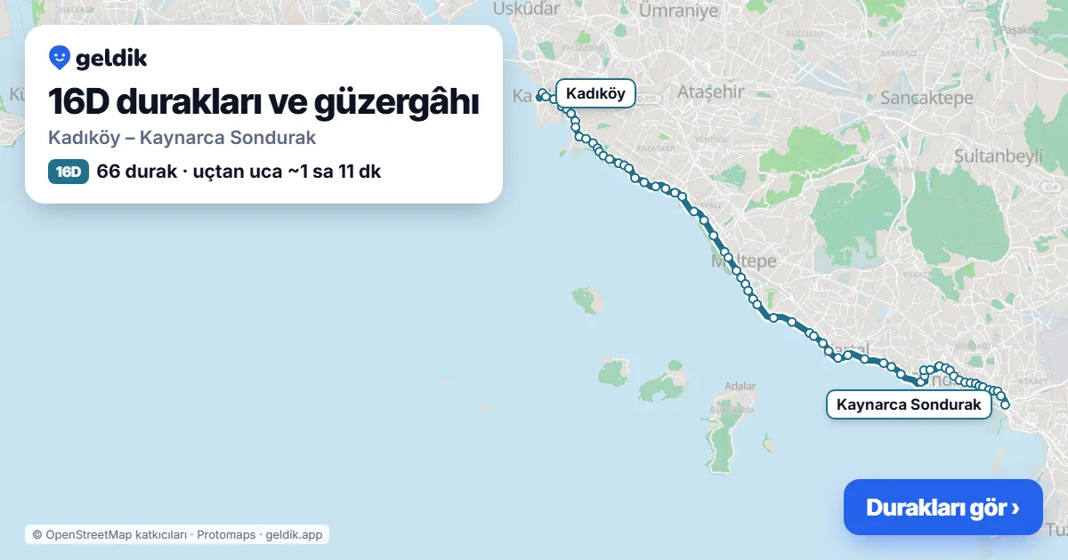16D otobüs güzergâhı haritası: Kadıköy – Kaynarca Sondurak, 66 durak