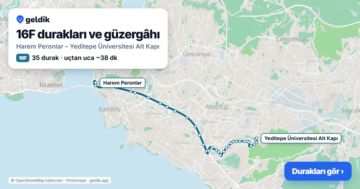 16F otobüs güzergâhı haritası: Harem Peronlar – Yeditepe Üniversitesi Alt Kapı, 35 durak
