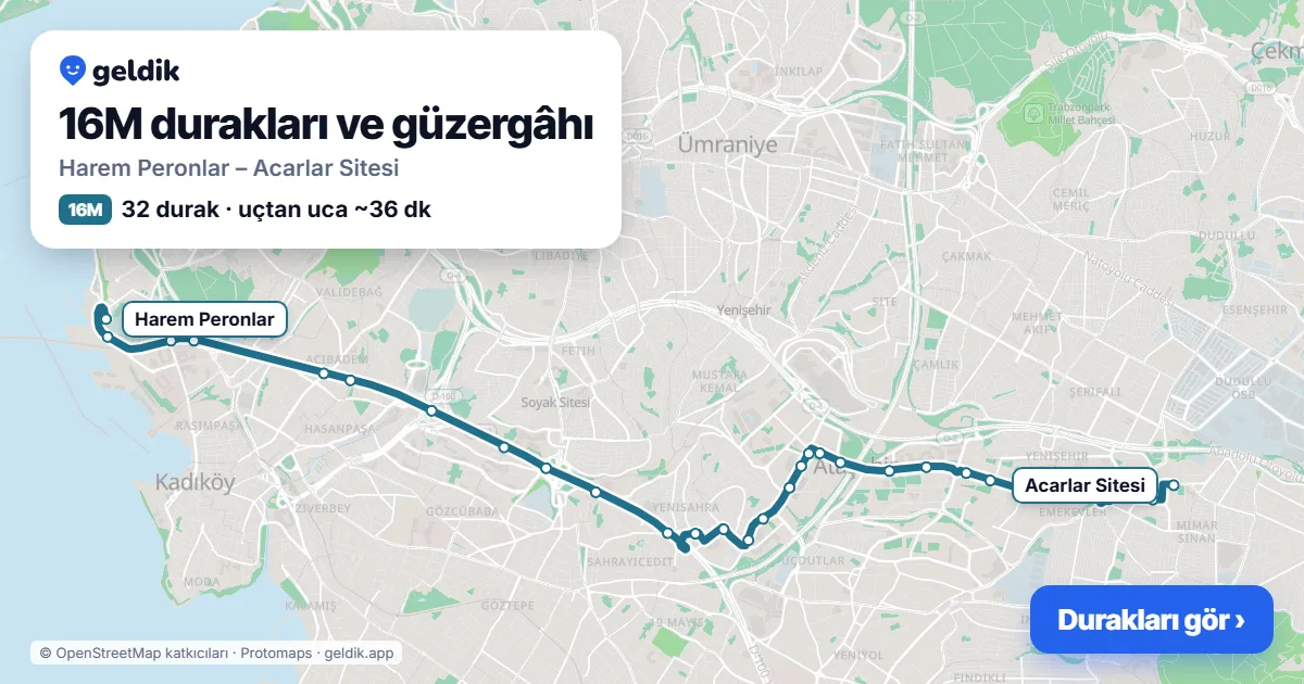16M otobüs güzergâhı haritası: Harem Peronlar – Acarlar Sitesi, 32 durak