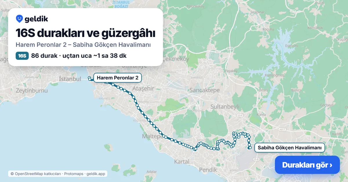 16S otobüs güzergâhı haritası: Harem Peronlar 2 – Sabiha Gökçen Havalimanı, 86 durak