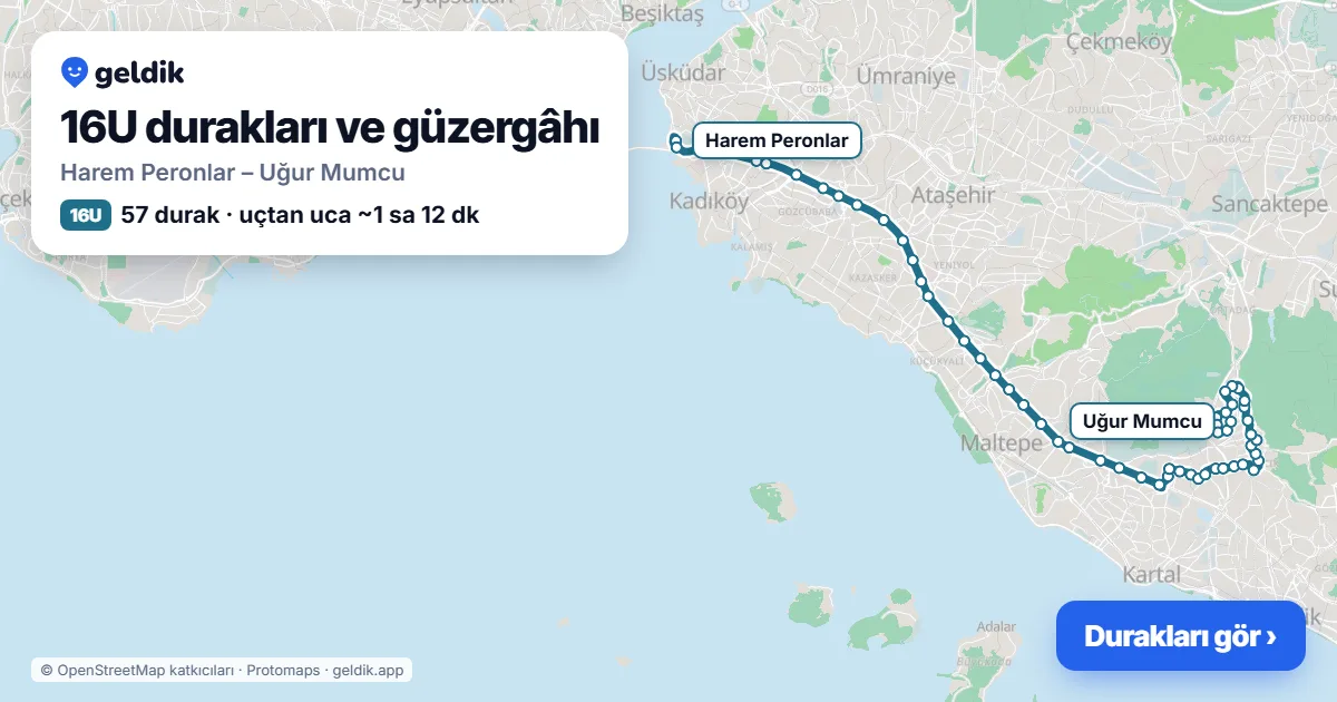 16U bus route map: Harem Peronlar – Uğur Mumcu, 57 stops