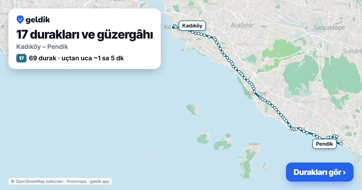 17 otobüs güzergâhı haritası: Kadıköy – Pendik, 69 durak