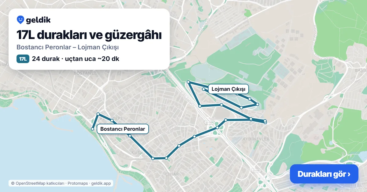 17L bus route map: Bostancı Peronlar – Lojman Çıkışı, 24 stops