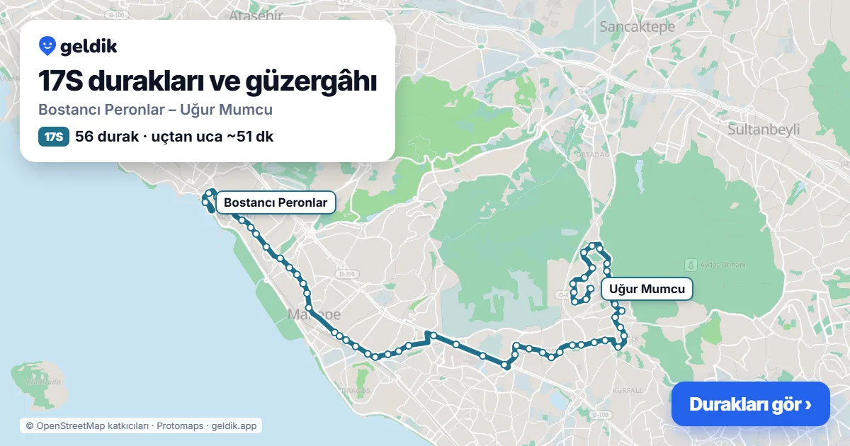 17S otobüs güzergâhı haritası: Bostancı Peronlar – Uğur Mumcu, 56 durak