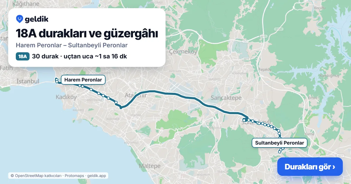 18A otobüs güzergâhı haritası: Harem Peronlar – Sultanbeyli Peronlar, 30 durak