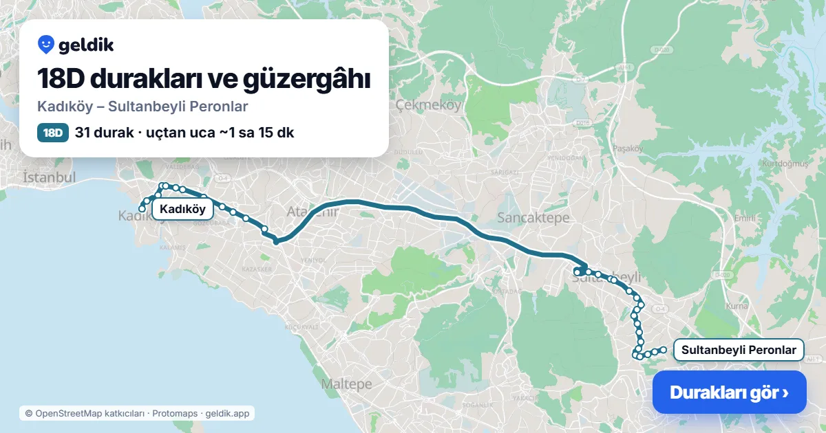 18D otobüs güzergâhı haritası: Kadıköy – Sultanbeyli Peronlar, 31 durak