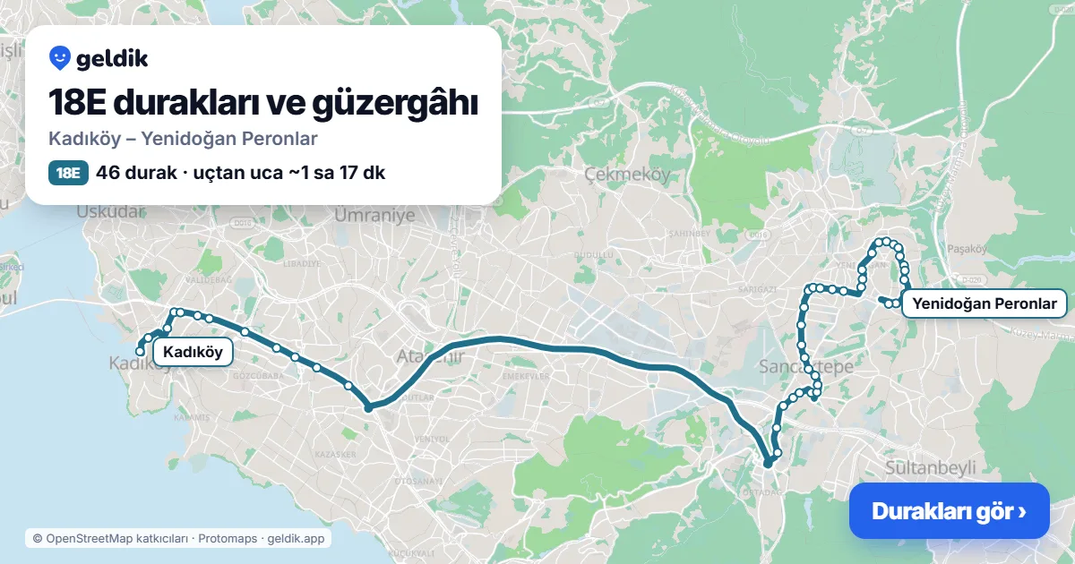 18E otobüs güzergâhı haritası: Kadıköy – Yenidoğan Peronlar, 46 durak