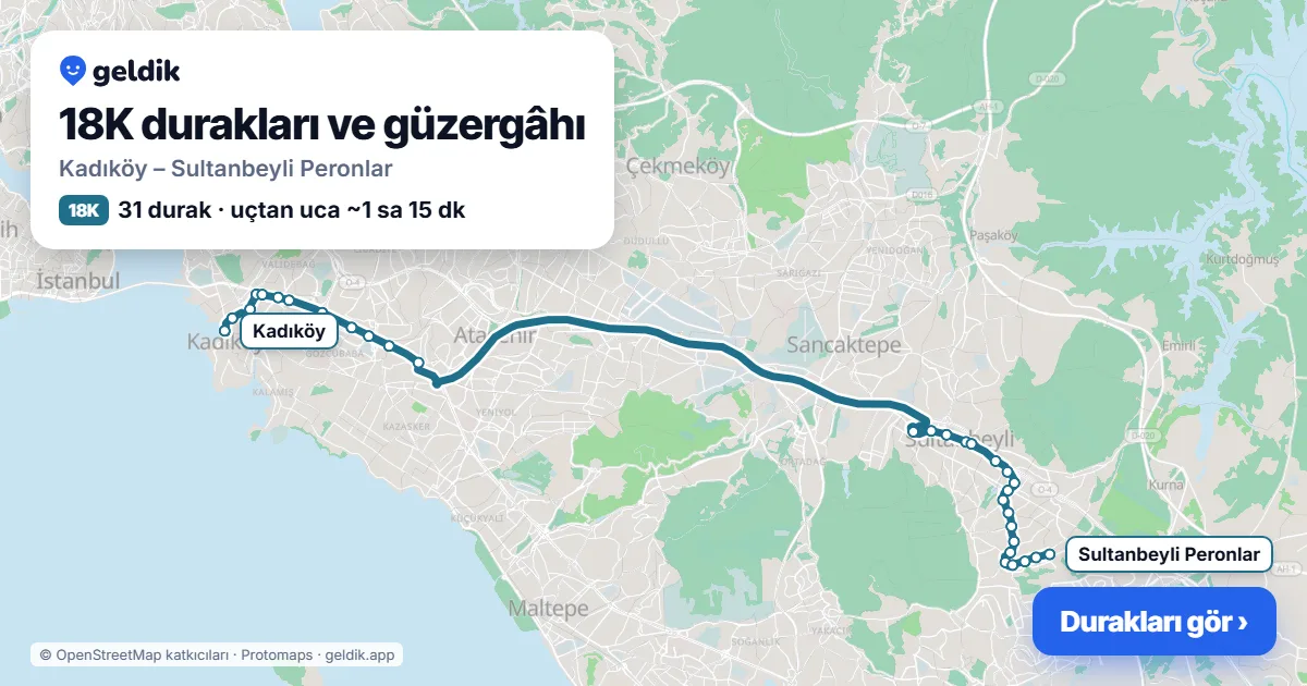 18K otobüs güzergâhı haritası: Kadıköy – Sultanbeyli Peronlar, 31 durak