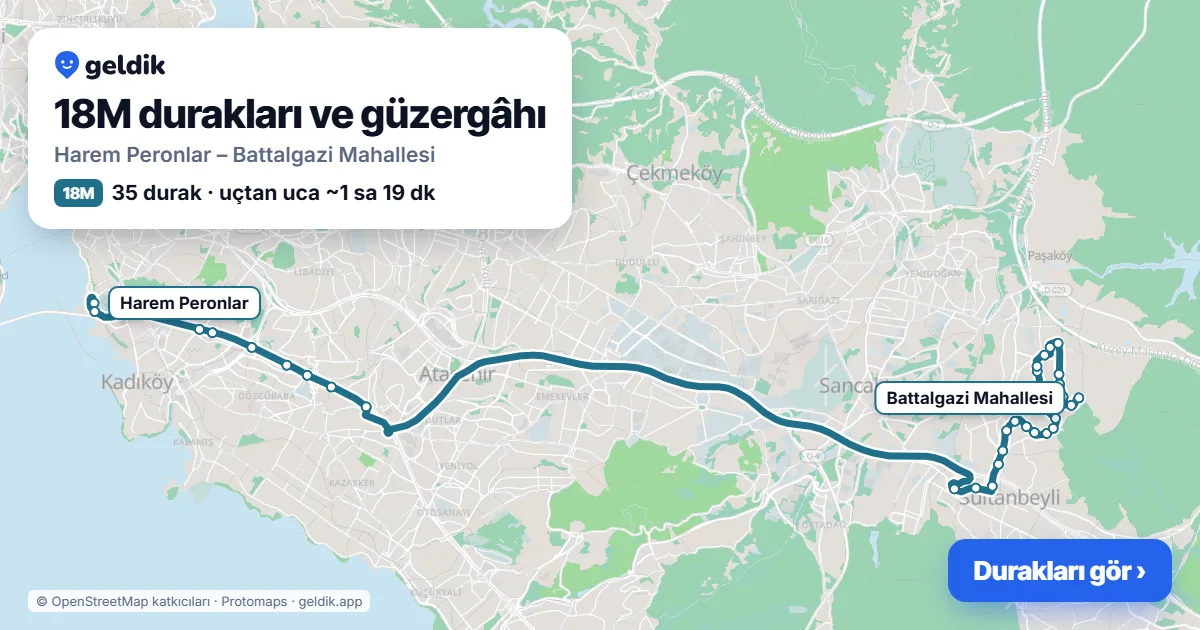 18M otobüs güzergâhı haritası: Harem Peronlar – Battalgazi Mahallesi, 35 durak