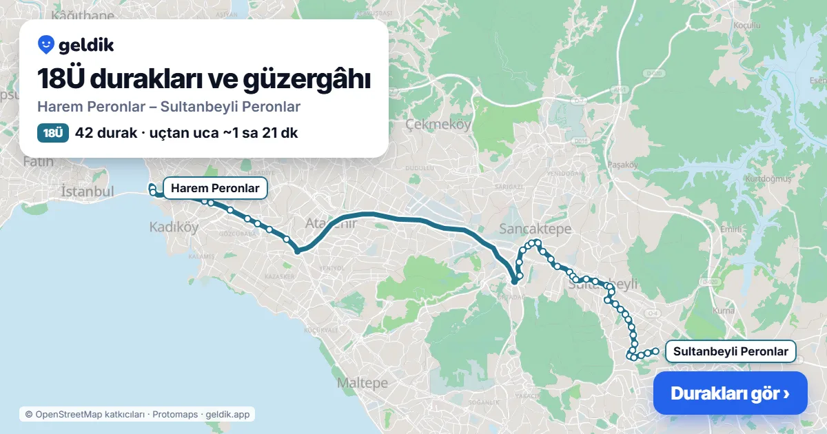 18Ü bus route map: Harem Peronlar – Sultanbeyli Peronlar, 42 stops