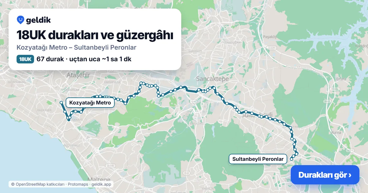 18UK otobüs güzergâhı haritası: Kozyatağı Metro – Sultanbeyli Peronlar, 67 durak