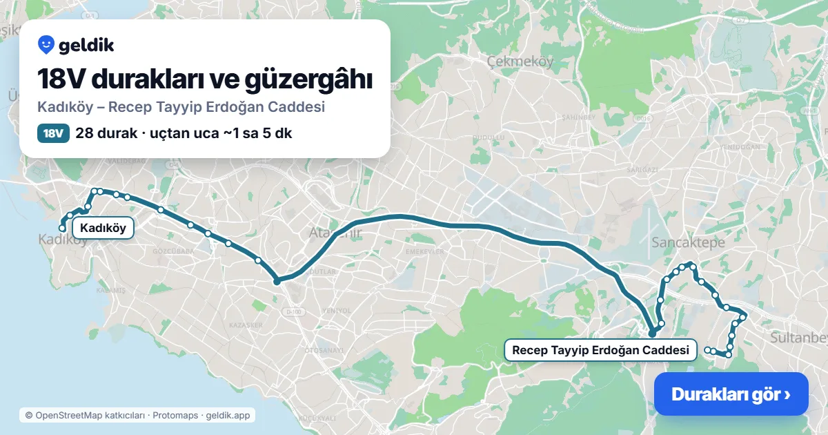 18V otobüs güzergâhı haritası: Kadıköy – Recep Tayyip Erdoğan Caddesi, 28 durak