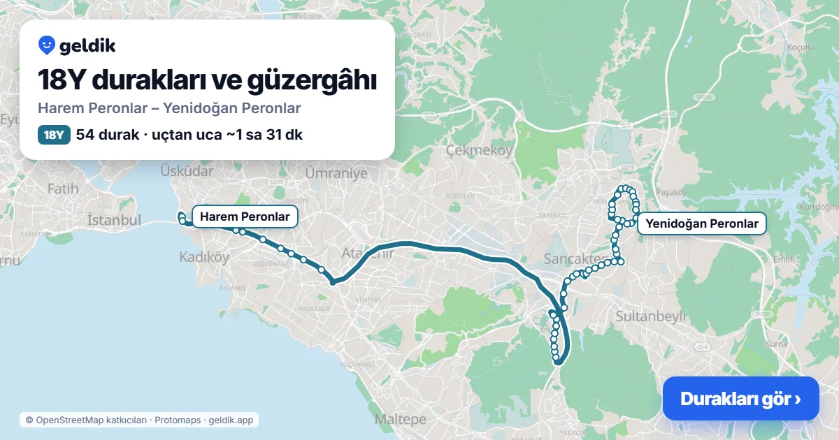 18Y otobüs güzergâhı haritası: Harem Peronlar – Yenidoğan Peronlar, 54 durak