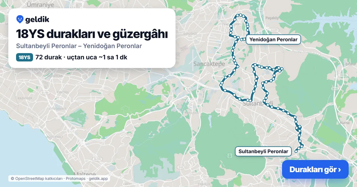 18YS otobüs güzergâhı haritası: Sultanbeyli Peronlar – Yenidoğan Peronlar, 72 durak