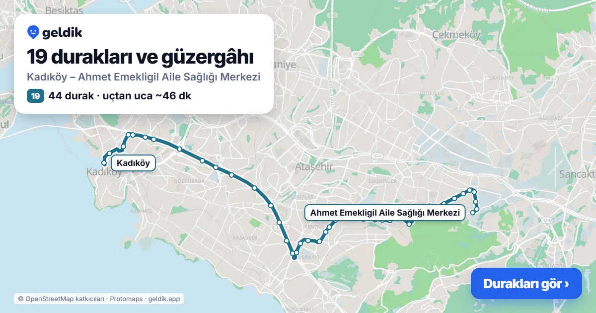 19 otobüs güzergâhı haritası: Kadıköy – Ahmet Emekligil Aile Sağlığı Merkezi, 44 durak