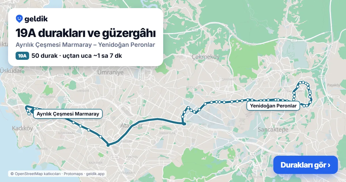 19A otobüs güzergâhı haritası: Ayrılık Çeşmesi Marmaray – Yenidoğan Peronlar, 50 durak