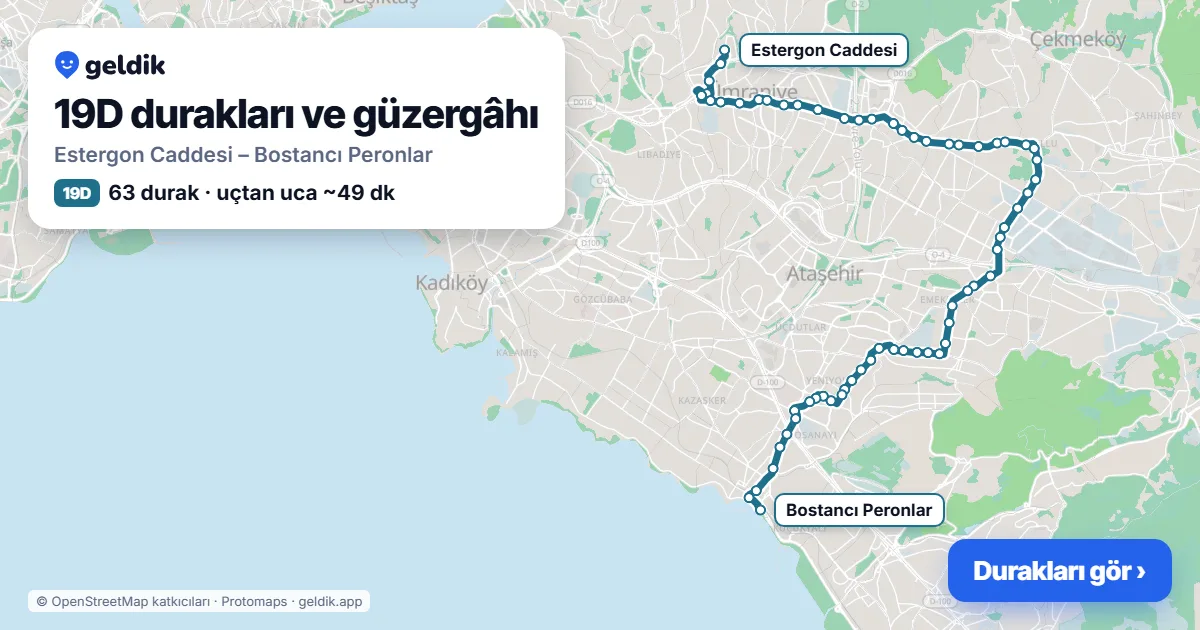 19D otobüs güzergâhı haritası: Estergon Caddesi – Bostancı Peronlar, 63 durak