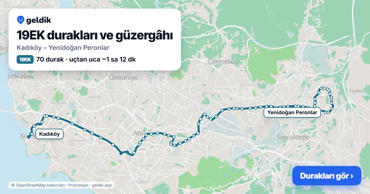 19EK otobüs güzergâhı haritası: Kadıköy – Yenidoğan Peronlar, 70 durak