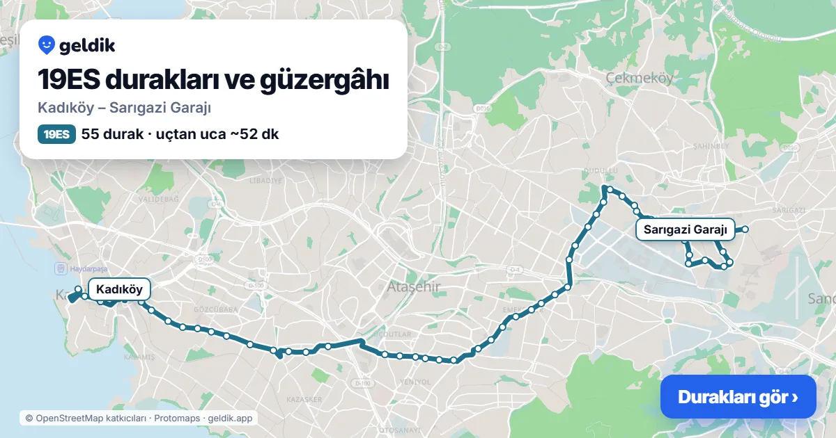 19ES otobüs güzergâhı haritası: Kadıköy – Sarıgazi Garajı, 55 durak