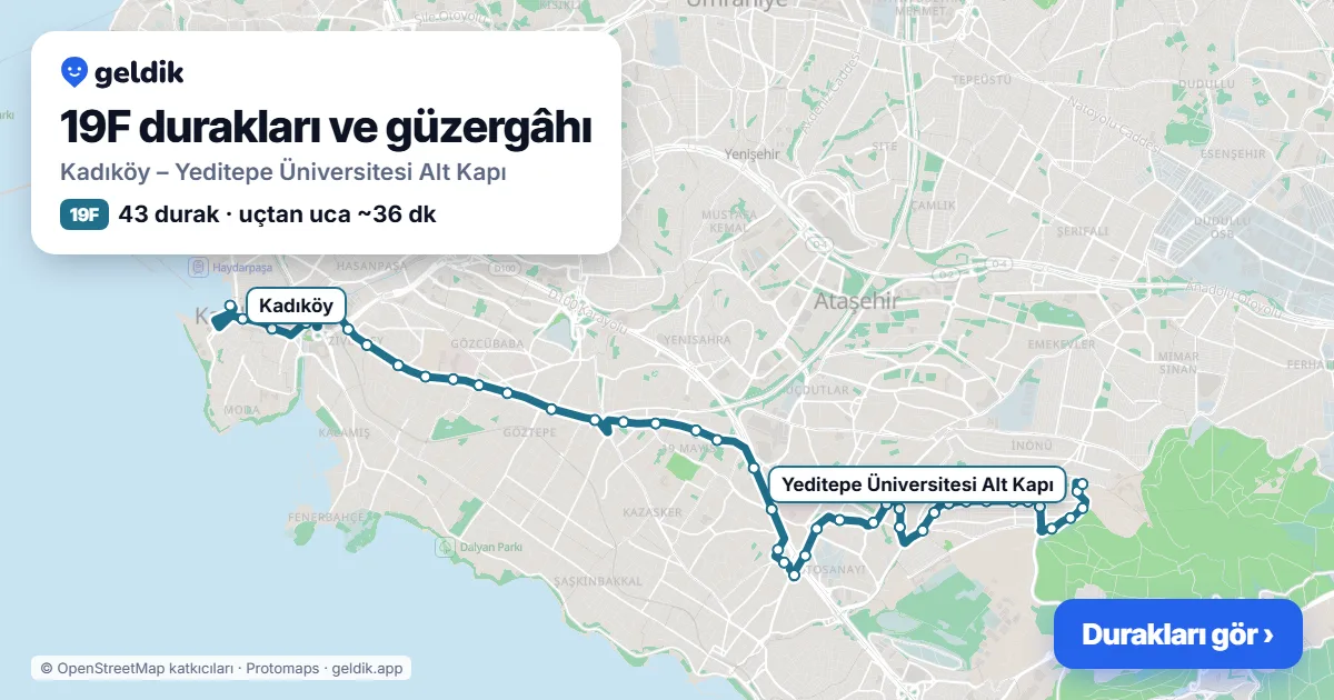 19F otobüs güzergâhı haritası: Kadıköy – Yeditepe Üniversitesi Alt Kapı, 43 durak
