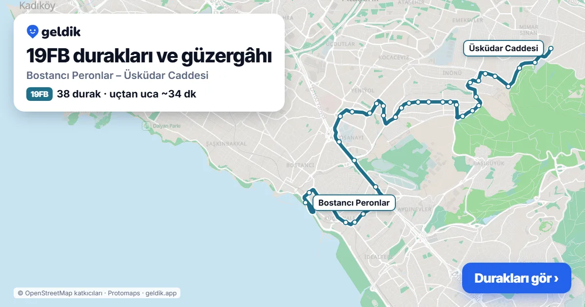 19FB otobüs güzergâhı haritası: Bostancı Peronlar – Üsküdar Caddesi, 38 durak