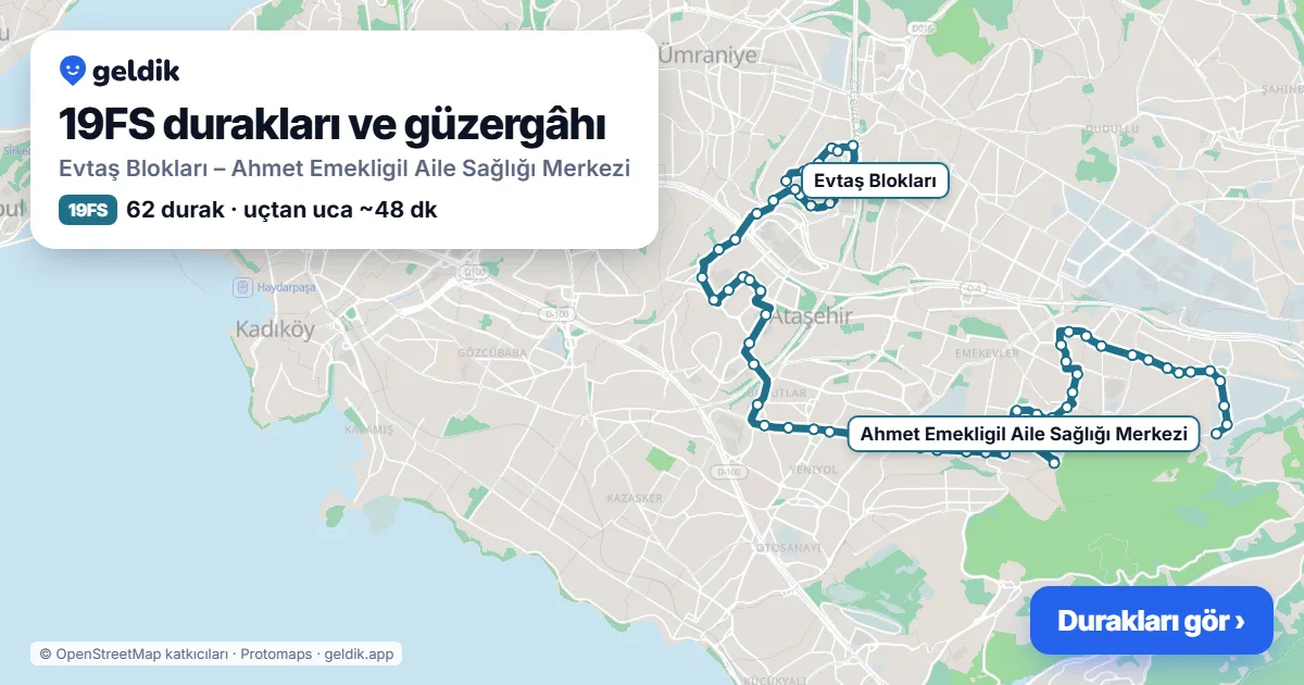 19FS otobüs güzergâhı haritası: Evtaş Blokları – Ahmet Emekligil Aile Sağlığı Merkezi, 62 durak