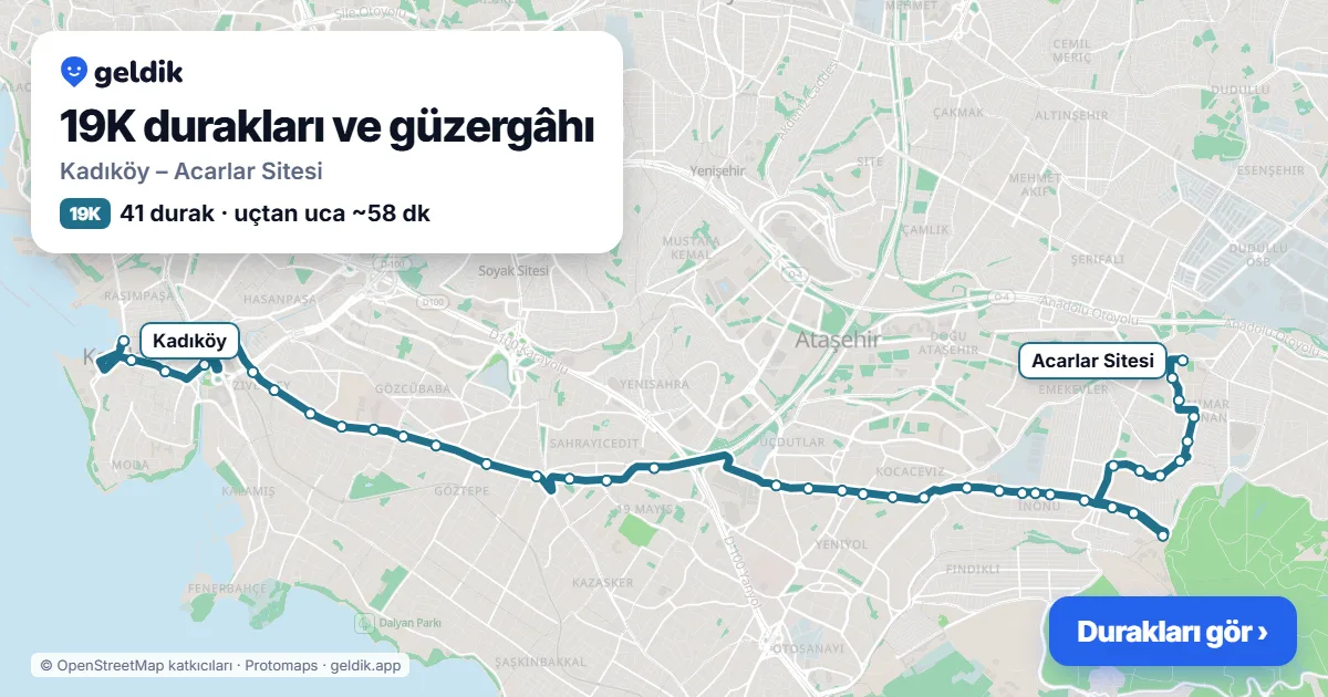 19K otobüs güzergâhı haritası: Kadıköy – Acarlar Sitesi, 41 durak