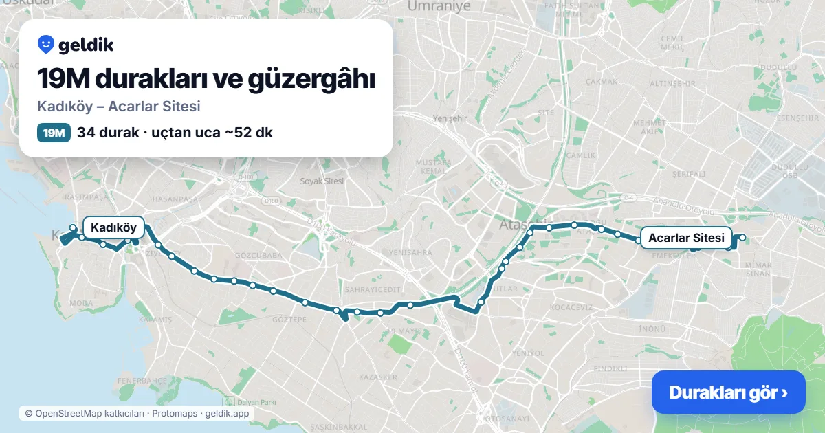 19M otobüs güzergâhı haritası: Kadıköy – Acarlar Sitesi, 34 durak