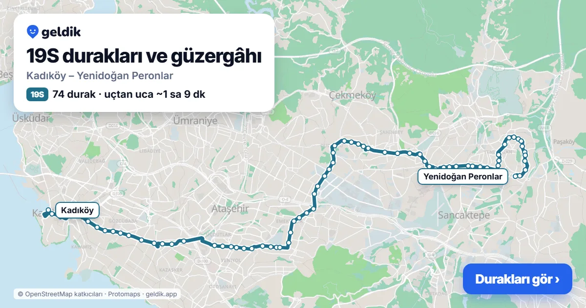 19S otobüs güzergâhı haritası: Kadıköy – Yenidoğan Peronlar, 74 durak