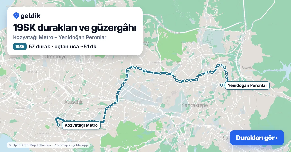 19SK otobüs güzergâhı haritası: Kozyatağı Metro – Yenidoğan Peronlar, 57 durak