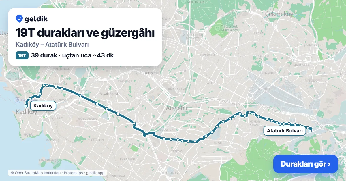 19T otobüs güzergâhı haritası: Kadıköy – Atatürk Bulvarı, 39 durak