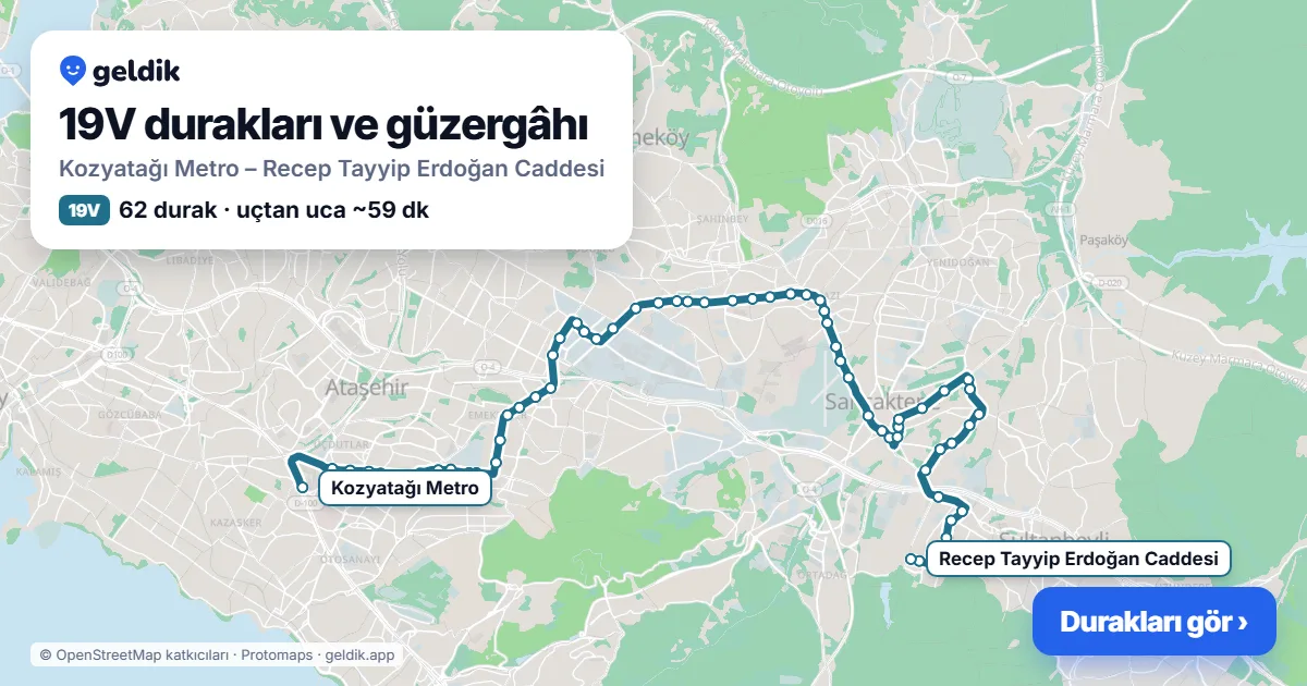 19V otobüs güzergâhı haritası: Kozyatağı Metro – Recep Tayyip Erdoğan Caddesi, 62 durak